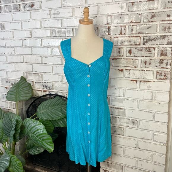 Vintage Dresses & Skirts - Vintage 80s Hearts Blue Polka Dot Sleeveless Sweetheart Neck Button Mini Dress